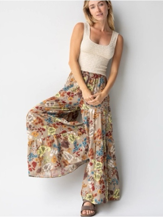 NATURAL LIFE Dresses & Skirts - Boho Floral Wide-Leg Palazzo Pants in Taupe & Multicolor (natural life size xl)
